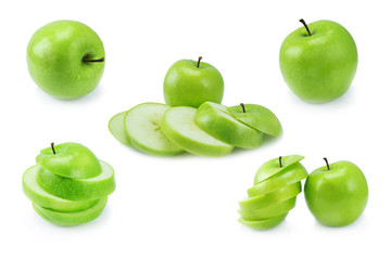 Collection sliced and stack of green apple isolated on a white background.