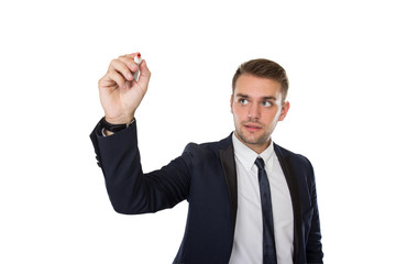 Businessman writing into virtual screen
