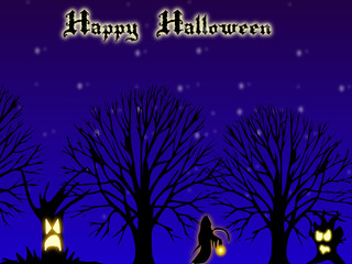 Happy halloween card with dark forrest and creatures