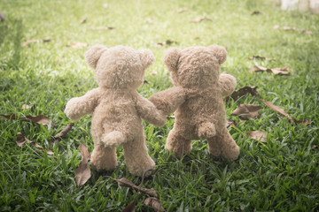 2 teddybears walking in the park, holding hands