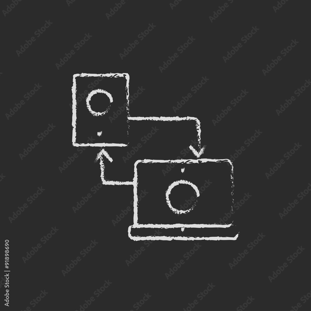 Poster synchronization computer with mobile device icon drawn in chalk.