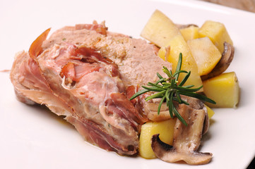 Grilled steak, boiled potatoes and vegetable salad