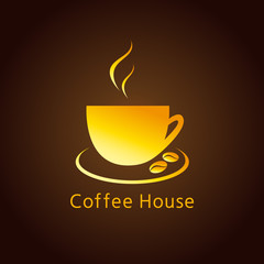 Cafe cup logo. The logotype with golden coffee beans for coffee houses and cafes.