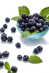 blueberries and mint leaves in a glass bowl