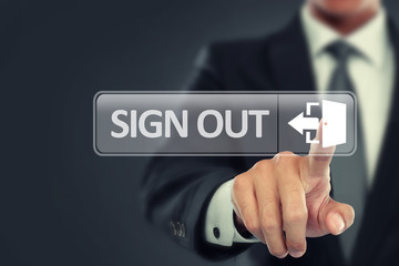 Businessman push to singing out button on virtual screen