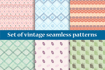 Set of six vintage seamless patterns. Pastel colors.