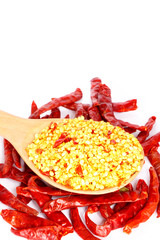 Hot dry red chili put on wooden table.