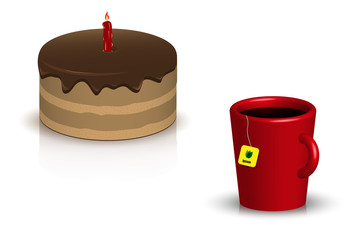 The cake, cup of tea on a white background