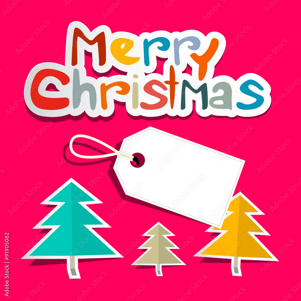 Poster merry christmas. vector colorful paper cut title with paper trees and empty label with string.