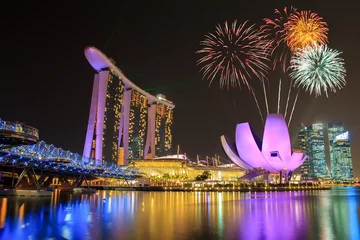 Crédence de cuisine en verre imprimé Singapour Feu d& 39 artifice sur la baie de Marina