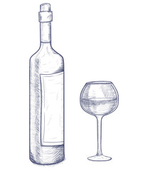 sketch bottle and glasse of wine on a white background isolated
