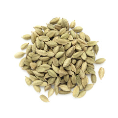 Top view of Organic Green or True cardamom (Elettaria cardamomum) isolated on white background.