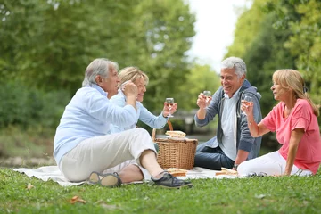 Tragetasche Gruppe von Senioren, die an einem sonnigen Tag ein Picknick genießen © goodluz