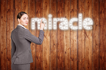 businesswoman touching singboard word 