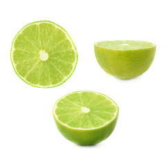 Ripe lime cut in half isolated over the white background, set of