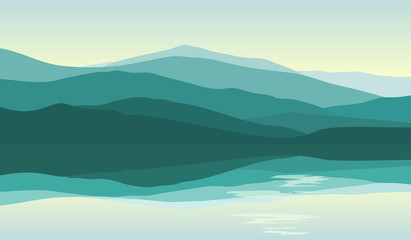 Beautiful mountain landscape with reflection in the water. Vector illustration.