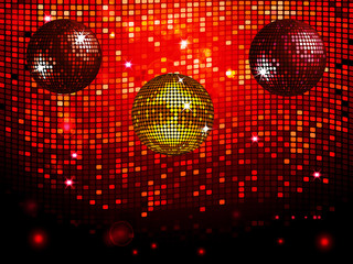 Disco balls over red sparkling tiles wall background