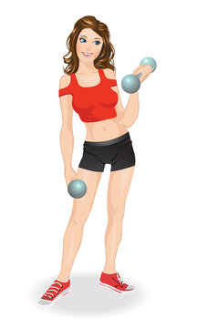 Cute cartoon girl exercising with dumbbells