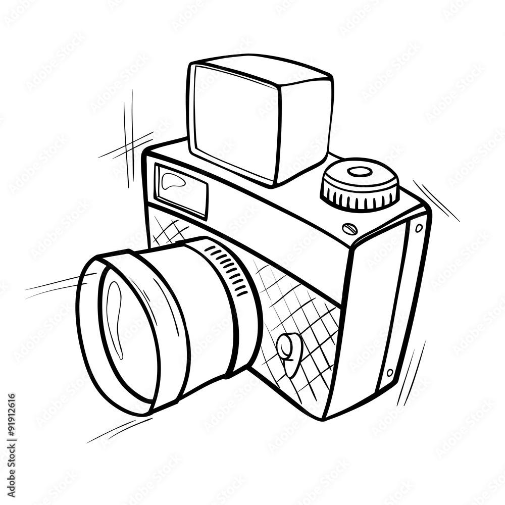 Wall mural Cartoon black and white sketch of a photo camera. Vector graphics.