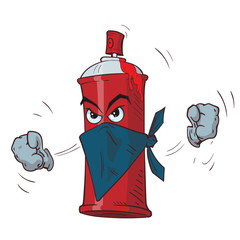 Cartoon angry spray can in a mask threatens fists. Vector illustration.
