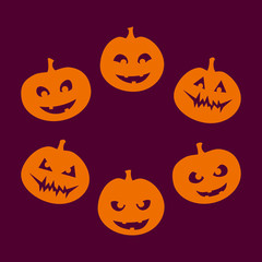 Halloween set of six silhouettes of jack-o'-lantern with a different facial expression, from good to evil, orange on violet background. Vector graphics.