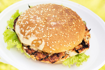 Grilled hamburger with bacon on a white plate.