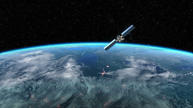 Modern Satellite is Orbiting the Earth on the Sunrise Background, 3d animation.