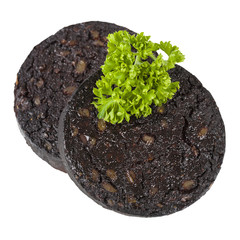 Black Pudding - Sausage made with pig's blood, oatmeal and spices isolated on a white background....