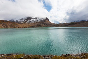 Swiss alpine landscape, mountain lake view