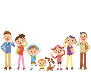 リュックを背負う家族