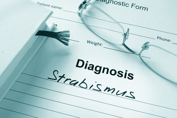 Diagnosis list with Strabismus and glasses. Eye disorder concept.