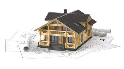 The three-dimensional image of a modern wooden house on a background of drawings. Objects isolated on white background.