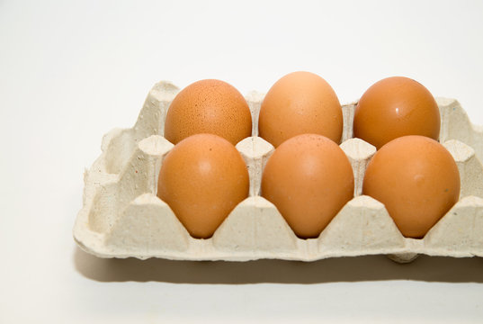Chicken eggs in the package for sale on over white