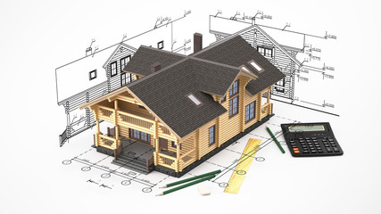 The three-dimensional image of a modern wooden house on a background of drawings. Image includes eraser, pencil and calculator.