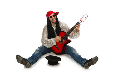 Male musician with guitar isolated on white