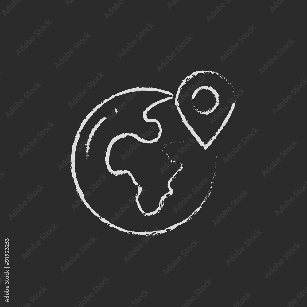 Poster globe with pointer icon drawn in chalk.