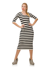 Young woman in long striped dress isolated on white