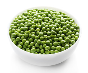 Fresh green peas in bowl isolated on white