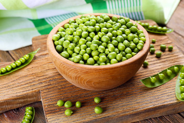 Fresh green peas in bowl on table close up