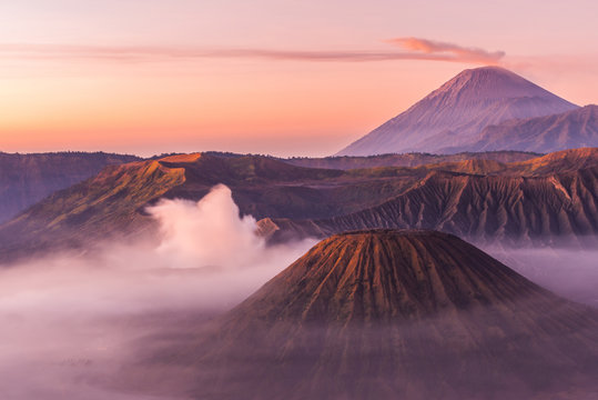 Gunung Bromo, Mount Batok and Gunung Semeru seen from Mount Penanjakan in Java, Indonesia.