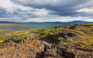 Fototapeta na wymiar Thingvellir National Park - famous area in Iceland right on the spot where the atlantic tectonic plates meets.