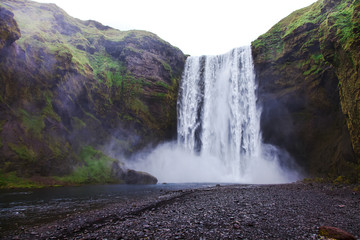 Iceland, Skogafoss waterfall in a rainy summer day