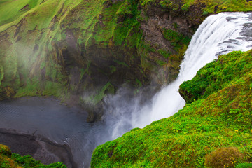 Iceland, Skogafoss waterfall in a rainy summer day