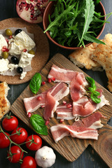 Ingredients of Mediterranean cuisine, on wooden board, close-up