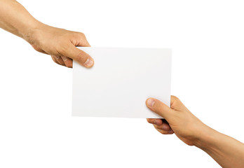 Hands holding paper isolated on white