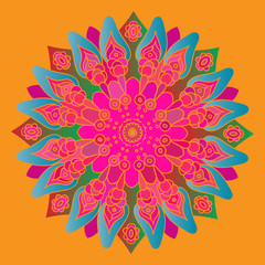 Fototapeta na wymiar Bright pink and blue mandala on the orange background. Isolated round element. Vector illustration.