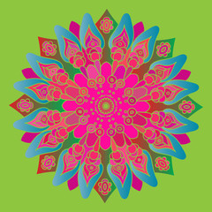 Bright pink and blue mandala on the green background. Isolated round element. Vector illustration.