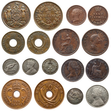 Collection of old coins isolated on white background