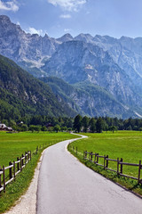 Fototapeta na wymiar Pasture in Slovenian Alps and a road
