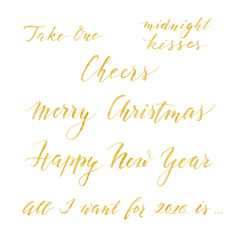 Set of hand drawn inscriptions with golden foil texture